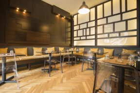 restaurant with herringbone pattern wood floor